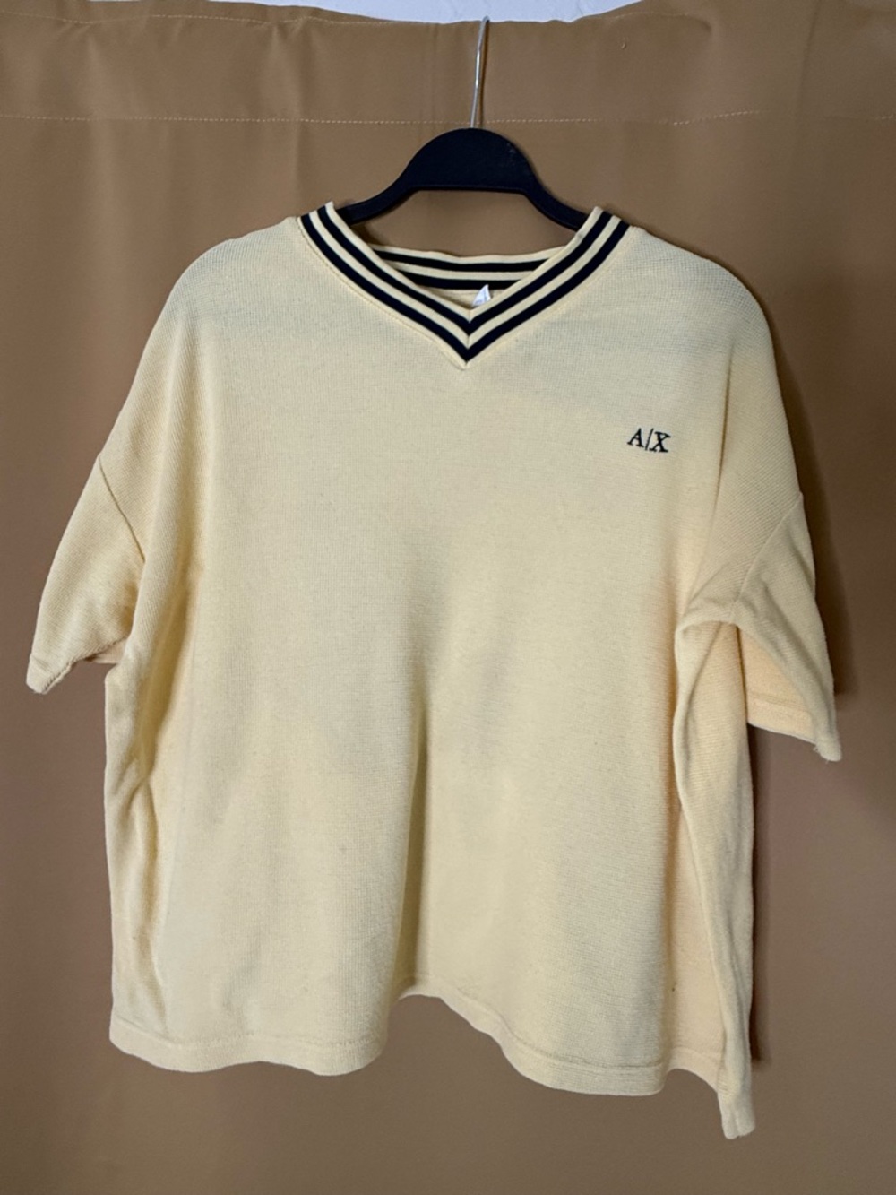 Armani Exchange Light Yellow V-Neck Short Sleeve Shirt with Black Trim